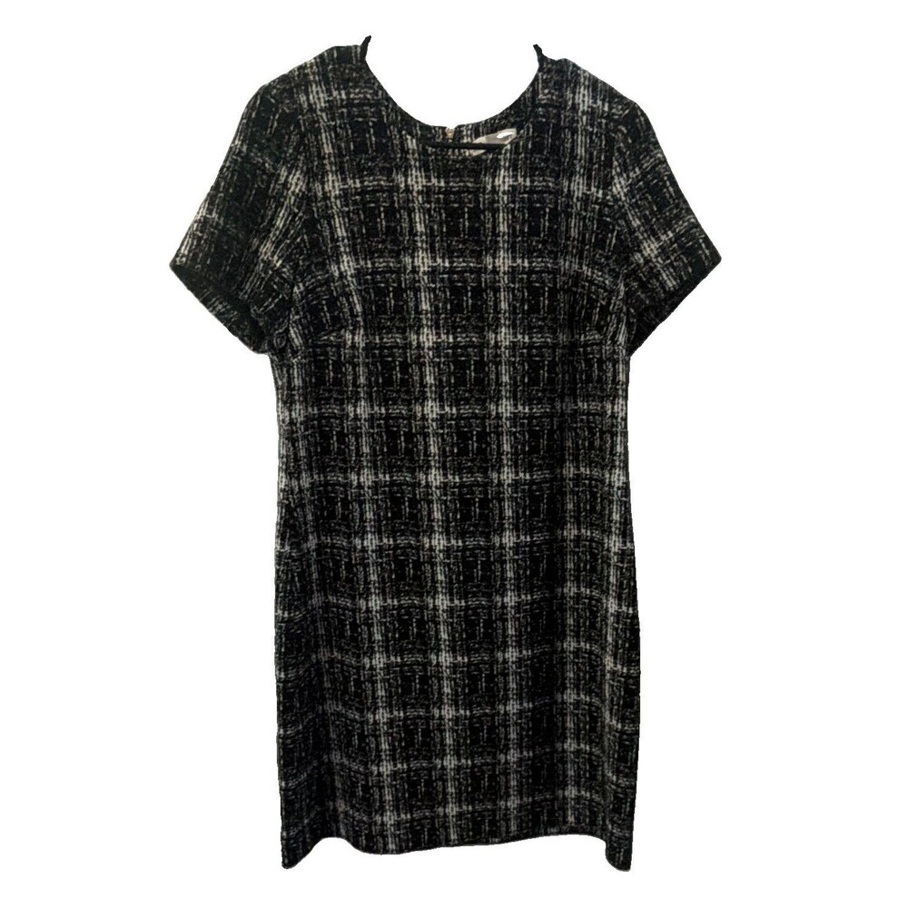 Calvin Klein Black/White Plaid Shift Dress Round Neck Short Sleeve Knee 12